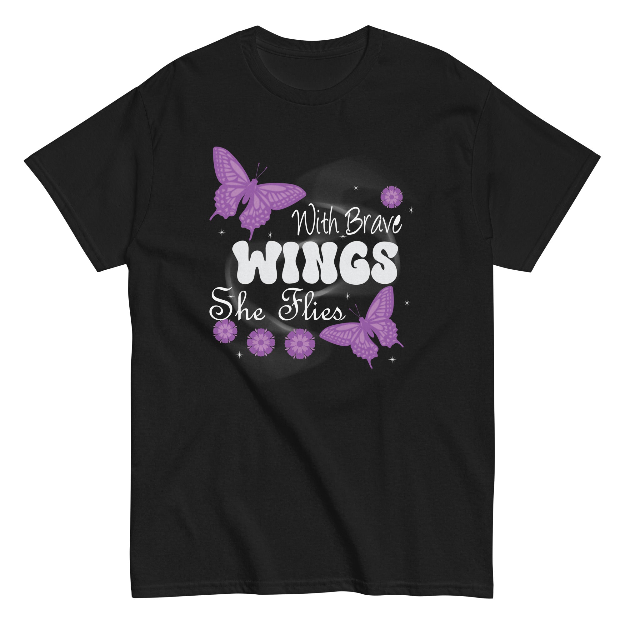 purple-butterfly-tee-with-brave-wings-she-flies-tee-women-unisex-classic-tee