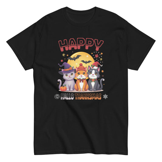 Halloween Thanksgiving Christmas Happy HalloThanksMas Cats Unisex classic tee